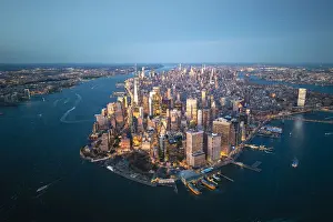 East River Prints: Manhattan, New York City, USA. Aerial view of Lower Manhattan at dusk