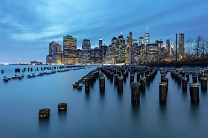 Pier 1 Prints: Manhattan from Pier 1 at dusk, Brooklyn Bridge Park