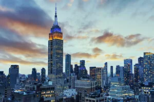 Manhattan skyline and buildings after sunset, New York City, USA