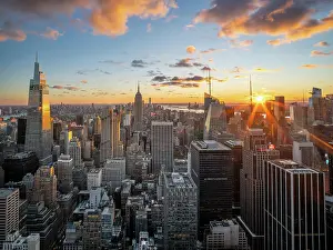 Manhattan Skyline View with the Empire State Building illuminated at sunset Manhattan, New York City, USA