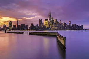 The City at Night Gallery: Manhattan Skyline with One World Trade Center at sunrise, New York City, New York State