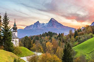 Bavarian Prints: Maria Gern, Berchtesgaden, Bavaria, Germany, Europe. The church of Maria Gern at sunset