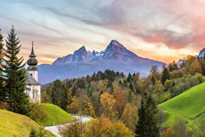 Maria Gern, Berchtesgaden, Bavaria, Germany, Europe. The church of Maria Gern at sunset