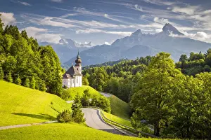 Maria Gern Church, with Bayern Alps and Mount Watzmann on the background. Berchtesgaden