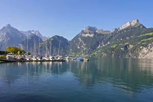 Marina at Sisikon with Lake Lucerne and Urner Alps, canton Uri, Switzerland