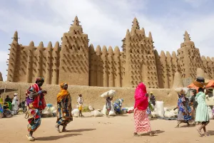 Religious Site Prints: Market in front of the Djenee mosque, a UNESCO World Heritage Site. Mali, West Africa