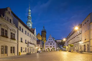 Marktplatz Prints: Market Square and St Marien Church at dusk, Pirna, Saxony, Germany
