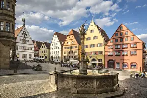 Mittelfranken Prints: Marktplatz fountain and market square in the old town of Rothenburg ob der Tauber