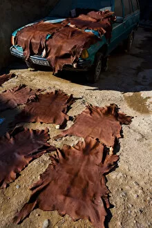 Leather Collection: Marrakech, Morocco. Drying leathers on the street