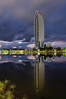 Black Sea Prints: Marriott building reflected in Nurigeli Lake at night, Batumi, Black Sea, Georgia