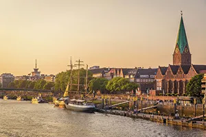 Ships Prints: Martini pier on a summer evening with St. Martini Church, Bremen, Germany