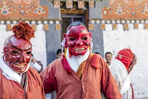 Bhutan Prints: Masked dancers in Trongsa Dzong, Trongsa District, Bhutan