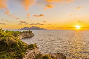 Massa Lubrense, Napoli, Campania, Italy. Sorrento peninsula and Capri island at sunset
