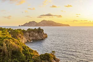 Massa Lubrense, Napoli, Campania, Italy. Sorrento peninsula and Capri island at sunset