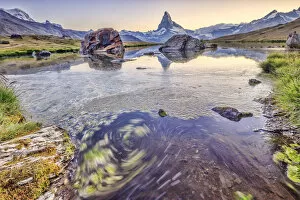 Images Dated 25th February 2016: The Matterhorn reflected in Lake Stellisee at dawn Zermatt Pennine Alps Canton of