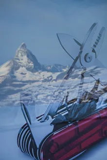 Advert Gallery: Matterhorn reflected in window of Gornergrat hotel shop window, Zermatt, Valais