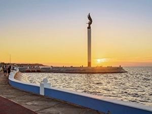 Figure Prints: The Mayan Angel monument at the Waterfront, sunset, Campeche City, Campeche State, Mexico
