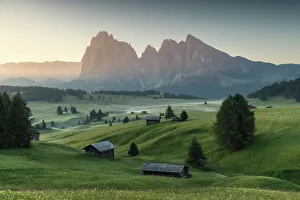 Meadows of the Alpe di Siusi (Seiser Alm), with the Sassolungo and Sassopiatto wooden cabins. Dolomites, Italy