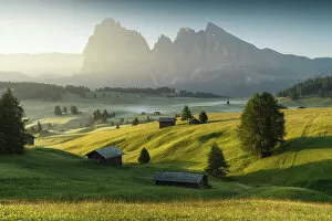 Images Dated 24th January 2023: Meadows of the Alpe di Siusi (Seiser Alm), with the Sassolungo and Sassopiatto wooden cabins
