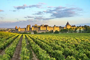 Images Dated 21st September 2013: Medieval citadel of La Cite at sunrise, Carcassonne, Aude Department