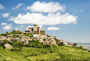 Navarre Prints: Medieval village of Ujue with the sanctuary-fortress of Santa Maria on the top, Navarre
