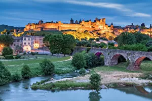 Medieval walled city of Carcassonne & River Aude, UNESCO World Heritage site, Aude, Occitanie, France