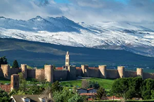 Townscape Prints: Medieval walls with snowy mountains in the background, Avila, Castile and Leon, Spain