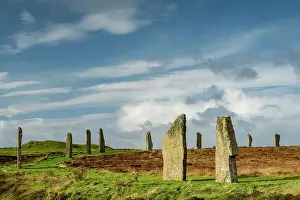 Megalithic standing stones forming the Ring of Brodgar on Mainland, Orkney Islands, Scotland. Autumn (October) 2022