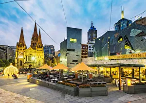 Federation Square Prints: Melbourne, Victoria, Australia. Federation Square and St Pauls Cathedral at dusk
