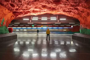 Ceiling Gallery: Men looking at artwork and paintings on rocks, Solna Centrum metro station, Stockholm