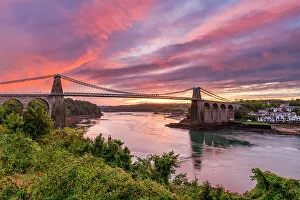 Gwynedd Prints: Menai Suspension Bridge over Menai Strait at Sunset, Bangor, North Wales