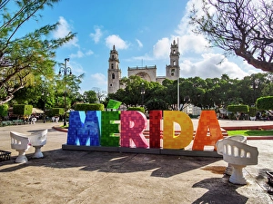 Plaza Mayor Prints: Merida Letters and Catedral of San Ildefonso, Plaza Grande, Merida, Yucatan State, Mexico
