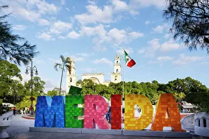 Images Dated 16th February 2023: Merida sign and Santa Lucia church, Merida, Yucatan, Mexico