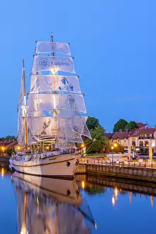 Yacht Prints: The Meridianas Sailing Ship on the Dane River at Dusk, Klaipeda, Lithuania