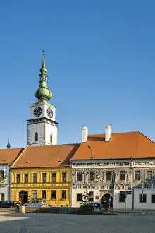 Murals Prints: Mestska vez (City tower) and Painted House at Karlovo namesti (Charles Square), Trebic