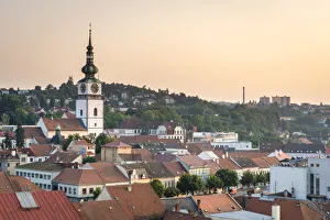 Central European Prints: Mestska vez (City tower) of Trebic at sunset, Trebic, Trebic District, Vysocina Region