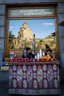The Methehi Church reflected in window shop, Tbilisi, Georgia, Caucaus, Eurasia