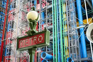 Public Transportation Prints: Metro Sign in front of Centre Georges Pompidou modern art museum