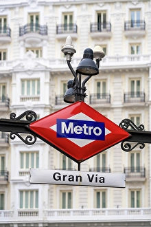 Public Transport Prints: Metro sign at Gran Vía street in Central Madrid, Spain