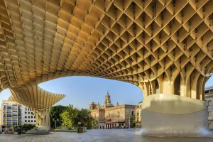 Andalusia Prints: Metropol Parasol with Iglesia de la Anunciacion, Sevilla, Andalusia, Spain