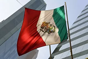 Images Dated 7th July 2008: Mexican flag & financial district, Mexico City, Mexico