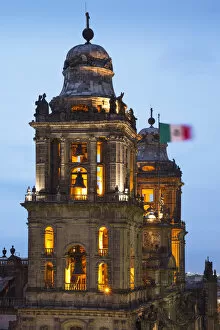 Images Dated 1st July 2016: Mexico, Mexico City, Bell Towers, Metropolitan Cathedral, Mexican Flag