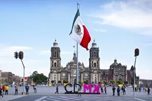 Images Dated 4th March 2016: Mexico, Mexico City, Metropolitan Cathedral, Zocalo, Main Plaza, Mexican Flag, CDMX Letters