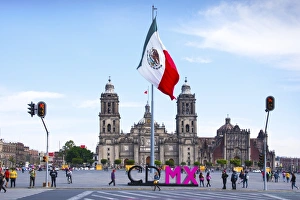 Images Dated 4th March 2016: Mexico, Mexico City, Metropolitan Cathedral, Zocalo, Main Plaza, Mexican Flag, CDMX Letters