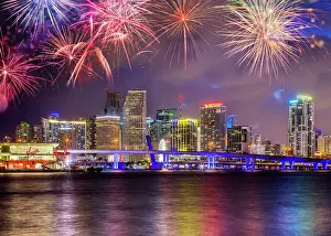 Industry Prints: Miami Downtown Skyline, Illuminated at Night with New Virgin Cruise Ship Terminal Miami
