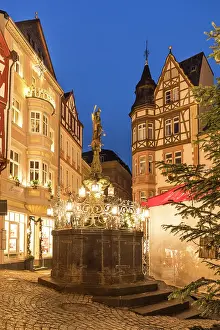 Market Fountain Prints: Michaelsbrunnen on the market square with Christmas decorations at blue hour