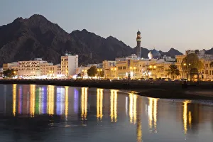 Corniche Prints: Middle East, Oman, Muscat. The Muttrah Corniche at night