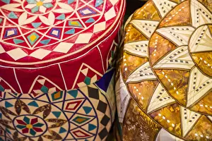 Egypt Prints: Middle Eastern Leather Poufs, Khan el-Khalili bazaar (Souk), Cairo, Egypt