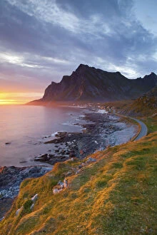 North Atlantic Ocean Gallery: Mightnight Sun over Dramatic Coastal landscape, Vikten, Flakstadsoya, Lofoten, Nordland