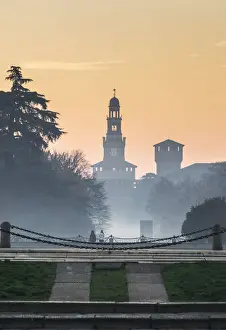 Monuments Prints: Milan, Lombardy, Italy. The Castello Sforzesco during a foggy morning